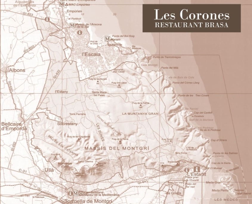 Detall del mapa de l'àmbit del Parc Natural del Montgrí, les Illes Medes i el baix Ter, en el que el Restaurant Les Corones s'ha adherit a la CETS .