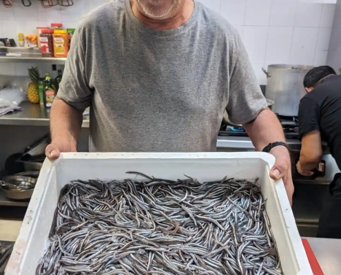 Pere Miquel Carreras, amb els primers sonsos que han arribat a Les Corones aquesta temporada.